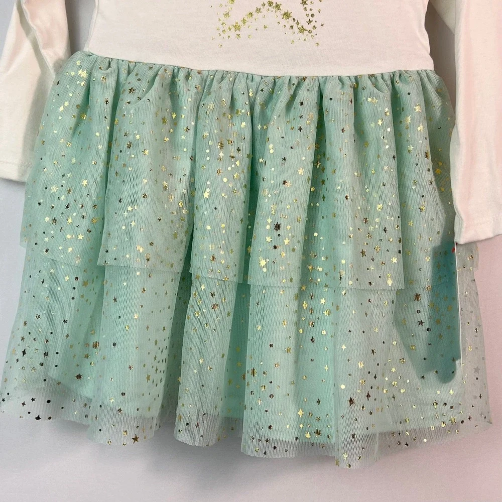 Cat & Jack Girls 2T Cream Mint Green Gold Foil Star Tulle Tutu Dress NWT